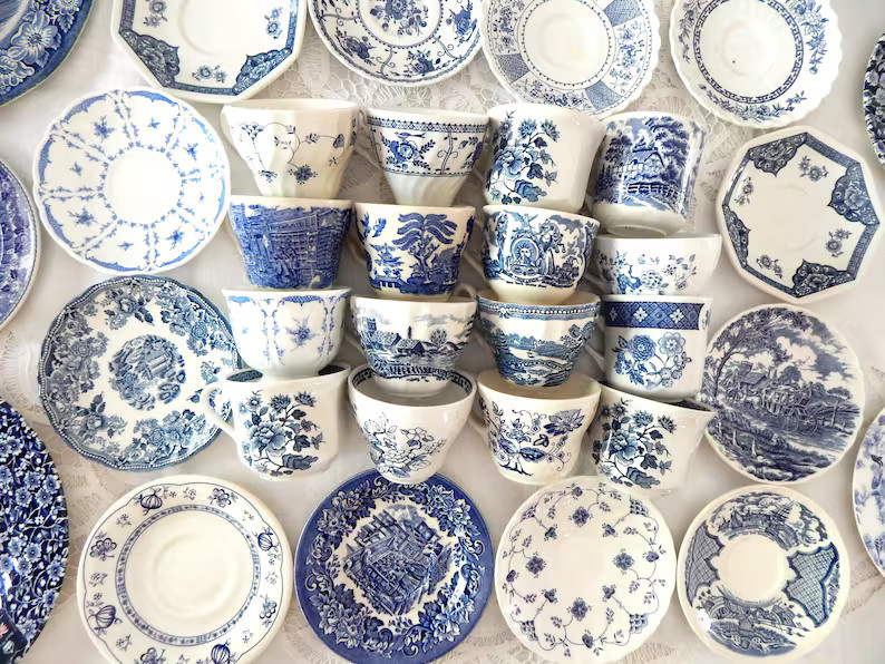 Blue and White Wedding. Mismatched Vintage Tea Cups and Saucers, With Tea Packet, Teaspoon, Linen... | Etsy (US)