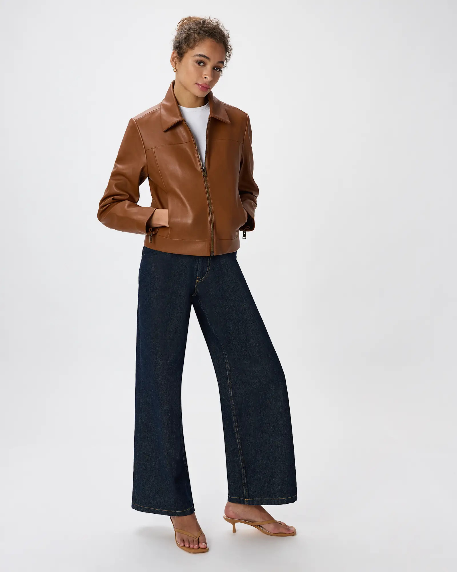 100% Leather Cropped Zip-Front Jacket in Dark Cognac Brown | Quince