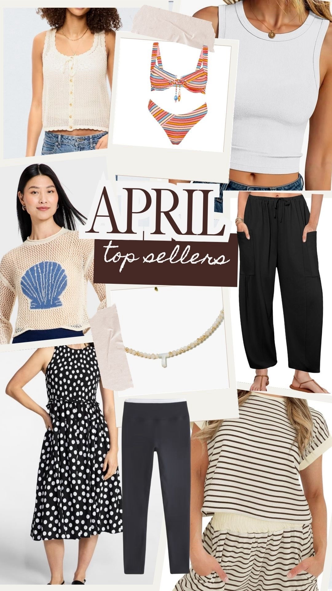 Where did April go?? I am so ready for all things warm weather, but this year has flown by! Bestsellers for the month are good:
Old Navy: button front crochet sleeveless sweater  
Target: crochet seashell sweater 
Walmart: petite approved black and white polka dot dress 
Abercrombie: curve love leggings 
Amazon: natural tone beaded necklace, striped two piece set, wide leg lounge pants and basic ribbed tank 
Vetcht: full bust friendly bikini 