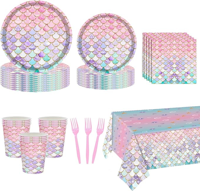 121 Pcs Mermaid Birthday Party Supplies Plates Set for 24 Guests, Little Mermaid Party Decoration... | Amazon (US)
