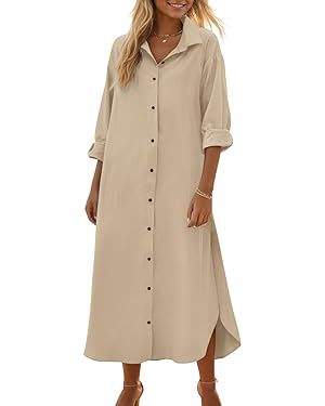 Fasumava Women's Cotton Linen Shirt Dress Long Sleeve Casual Loose Maxi Dresses with Pockets | Amazon (US)