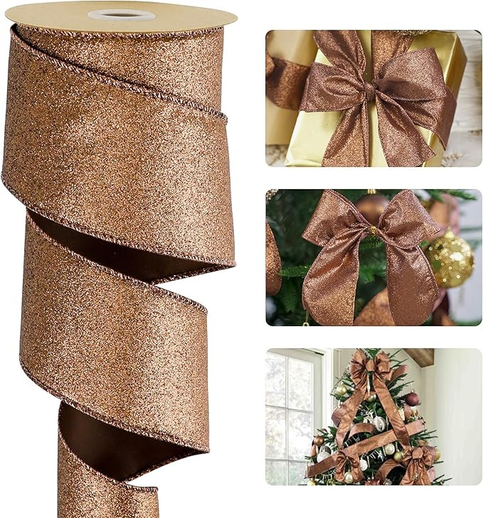 HUIHUANG Copper Christmas Ribbon 2-1/2" Sparkle Metallic Glitter Wired Ribbon for Tree, Bows Maki... | Amazon (US)