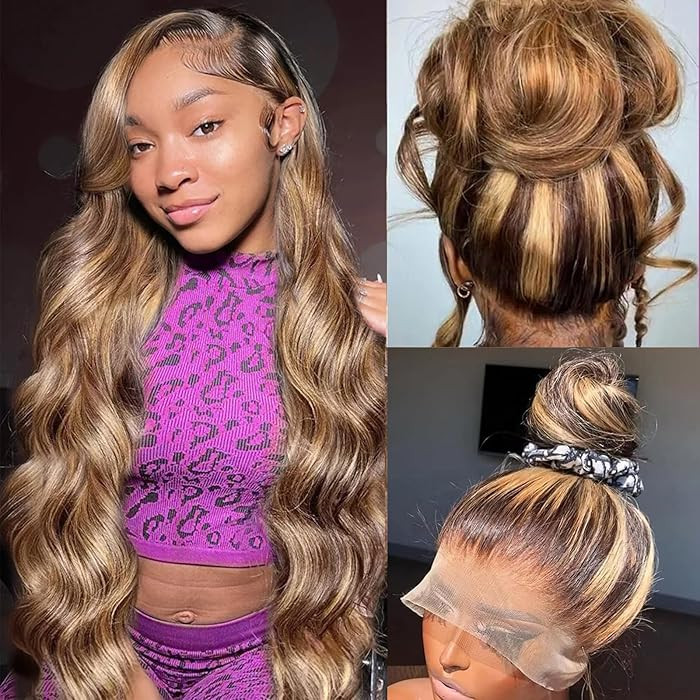 Ombre Honey Blonde 360 Lace Front Wigs Human Hair Drawstring Highlight Body Wave Lace Front Wigs ... | Amazon (US)