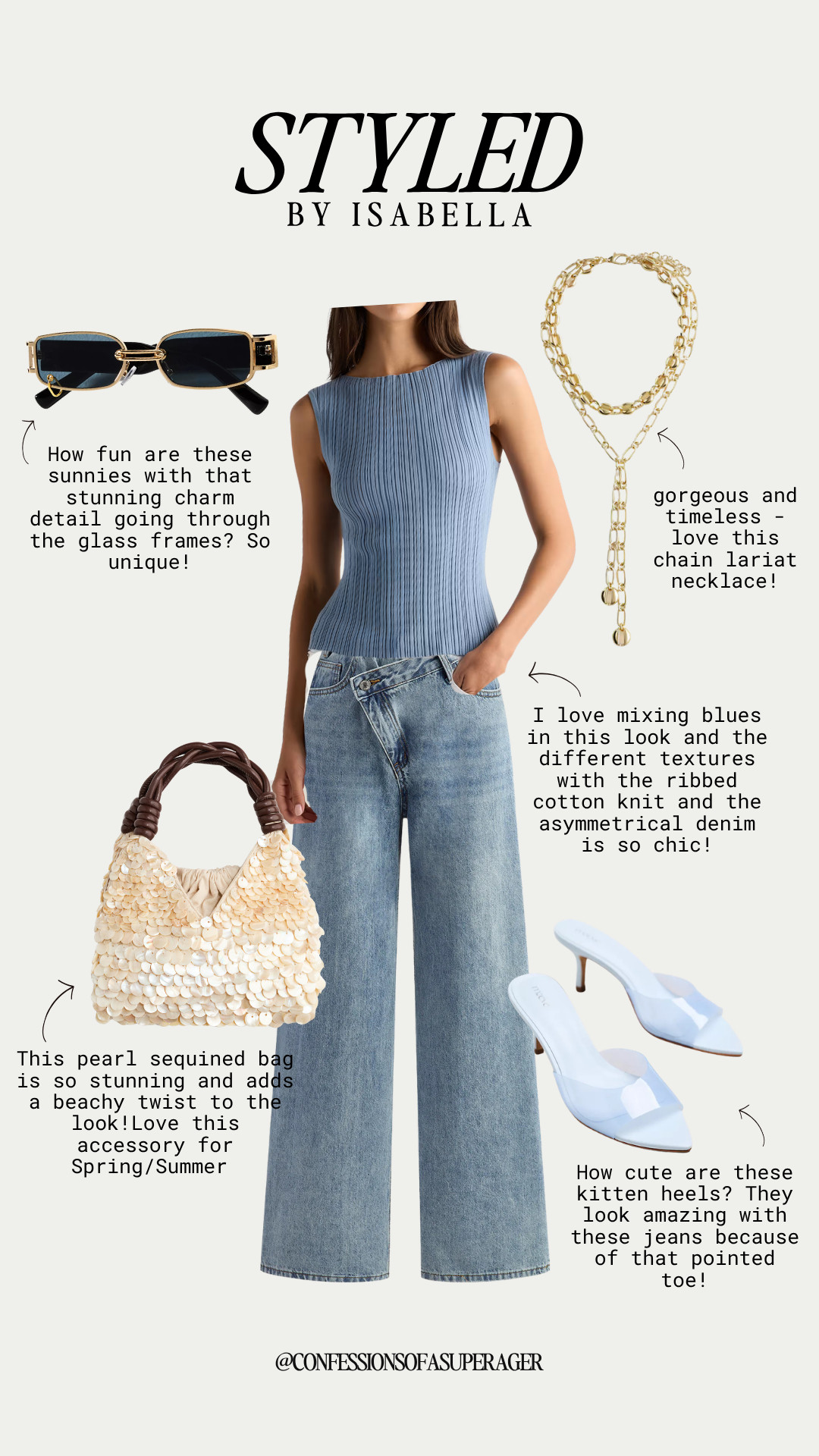 Effortless blue-on-blue styling for the ultimate chic spring/summer look 💙 This ribbed knit tank paired with asymmetrical wide-leg jeans creates a flattering, modern silhouette, elevated with statement gold jewelry, unique charm-detail sunglasses, a pearl-embellished bag, and sleek kitten heels. Perfect for casual chic outfits, vacation style, and polished everyday wear, these versatile pieces bring together texture, trend, and timeless appeal. Shop now for elevated basics, designer-inspired accessories, and must-have wardrobe staples you’ll wear on repeat! #liketkit #springstyle #summeroutfits #denimstyle #casualchic #effortlessstyle #capsulewardrobe #amazonfashion #affordableluxury #everydaystyle #neutralstyle #over40style #fashionfinds #chicstyle 

 

#LTKootd #LTKOver40 #LTKSaleAlert
