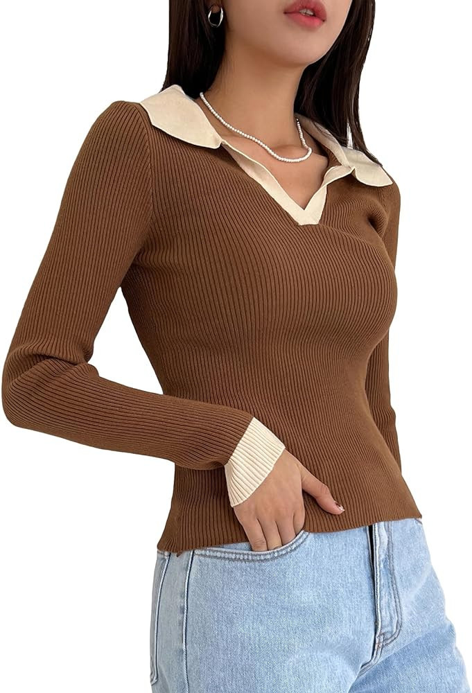 SHENHE Women's Casual V Neck Long Sleeve Knitted Pullover Polo Sweater Jumper Tops | Amazon (US)