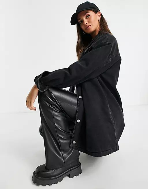 ASOS DESIGN Tall denim oversized shacket in washed black with borg lining | ASOS (Global)
