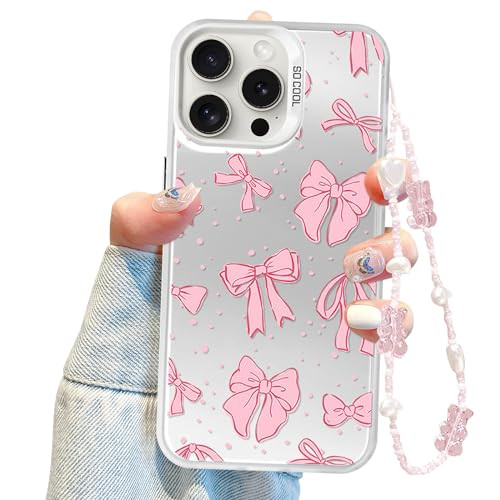 Jusy Coquette Bowknot Phone Case for iPhone 16 Pro, Cute Pink Ribbon Bow Aesthetic Case for Women Girls with Bracelet Chain - 2024 Pink | Amazon (US)