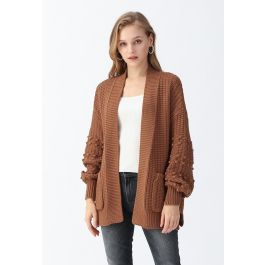 Bubble-Sleeve Pockets Cardigan with Pom-Pom Detail in Caramel | Chicwish