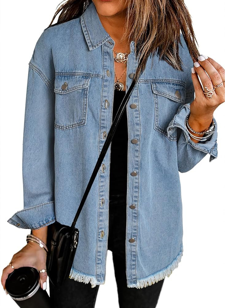 Dokotoo Women's Oversized Denim Jacket Casual Long Sleeve Denim Shirts Distresse Jean Jacket Fall... | Amazon (US)