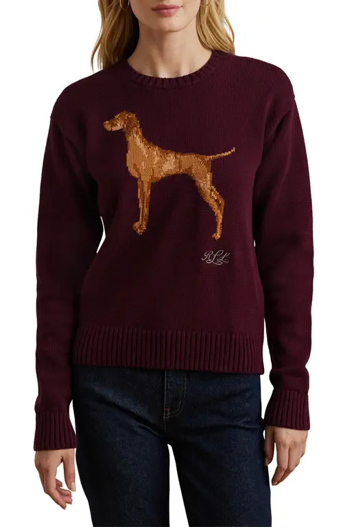 Lauren Ralph Lauren Intarsia Vizsla Cotton Sweater in Pinot Noir at Nordstrom, Size Medium | Nordstrom