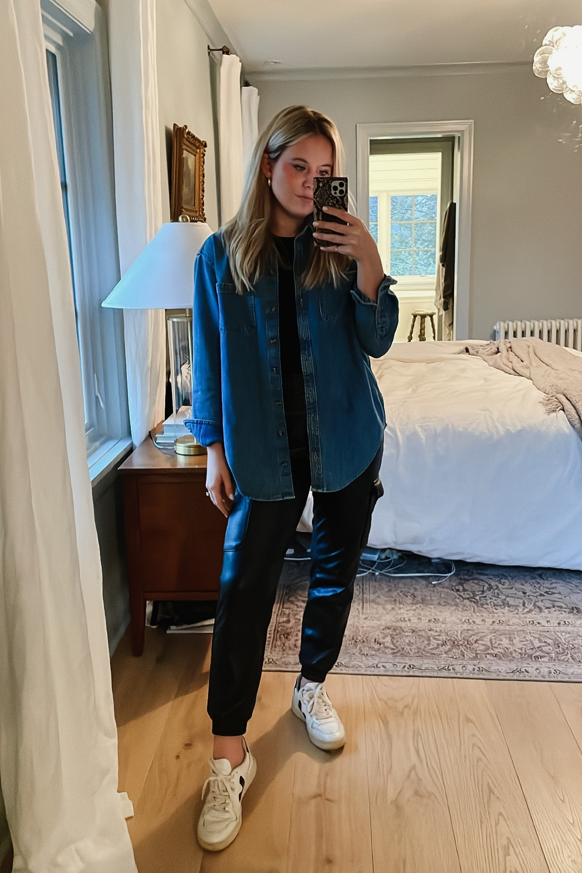 what I wore today! Leather joggers, denim shirt