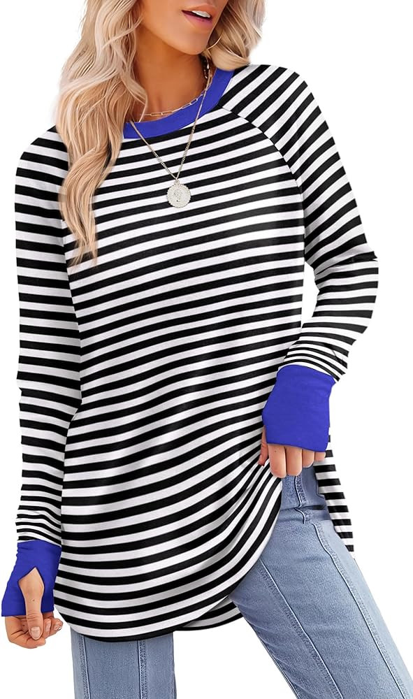 XIEERDUO Womens Tunic Tops to Wear with Leggings Long Sleeve Thumb Hole Shirts Crew Neck Curved H... | Amazon (US)