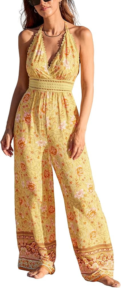 CUPSHE Women's Jumpsuits, Summer Sleeveless Lace Trim Floral Print Wide Leg Casual with Pockets V... | Amazon (US)