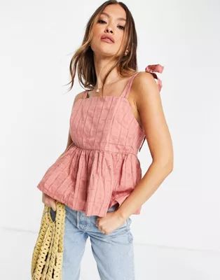 ASOS DESIGN square neck smock sun top with tie straps in textured grid in rose | ASOS (Global)