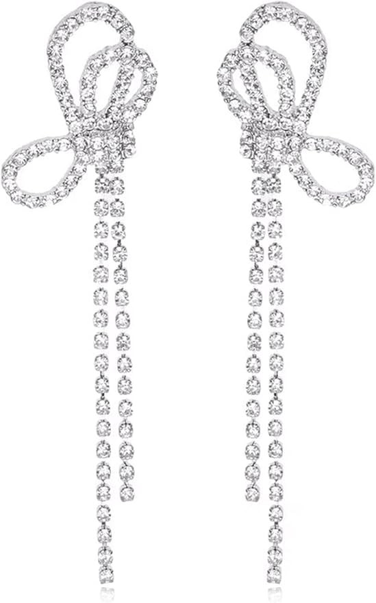 Silver Rhinestone Earrings for Women Long Chain tassel Earring Crystal Bow Earring for Wedding Li... | Amazon (US)