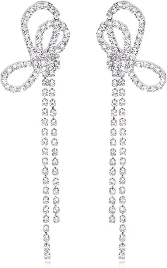 Silver Rhinestone Earrings for Women Long Chain tassel Earring Crystal Bow Earring for Wedding Li... | Amazon (US)
