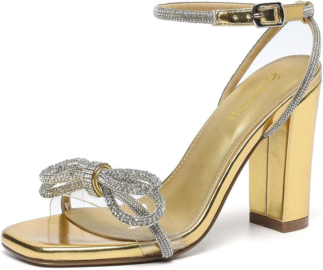 AMOJI Women 4 Inch Rhinestone Bowknot Block Heels Open Toe Heeled Sandals 315 | Amazon (CA)