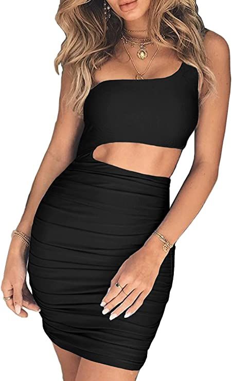 CHYRII Women's Sexy One Shoulder Sleeveless Cutout Ruched Bodycon Mini Club Dress | Amazon (US)