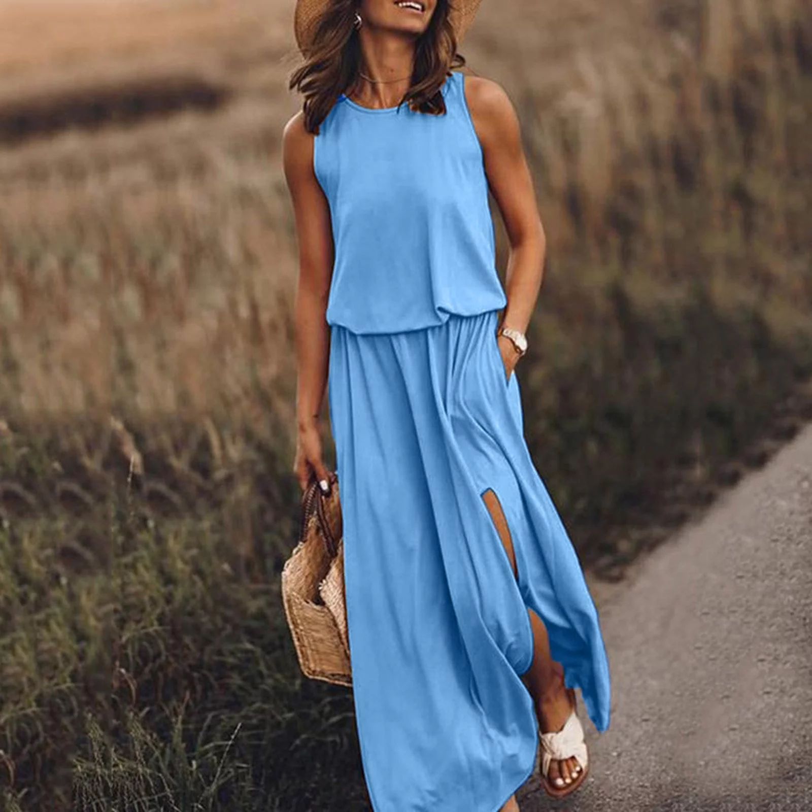 Aoujea Women Sleeveless Casual Pure Color Summer Swing Long Dresses Daily Party Beach Round Neck ... | Walmart (US)