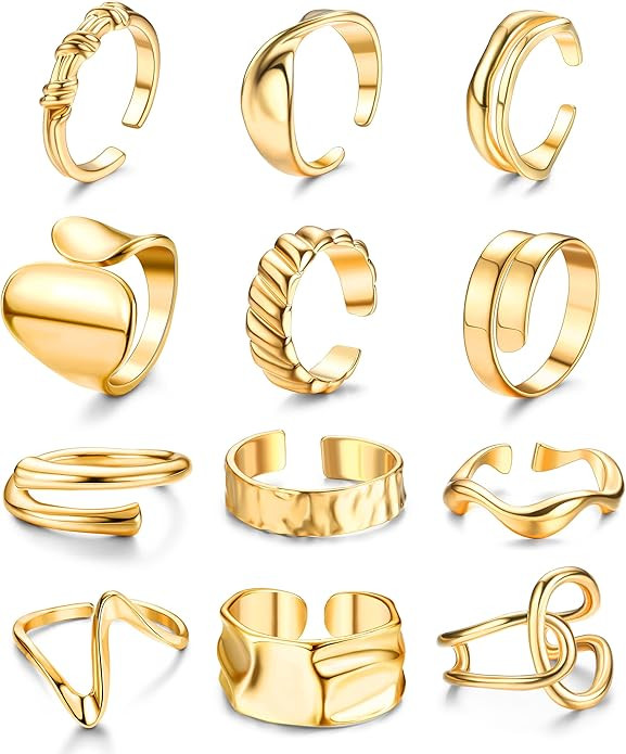 FIBO STEEL 12PCS Gold Chunky Rings for Women, 18K Gold Plated Thick Rings, Stacking Open Rings Se... | Amazon (US)