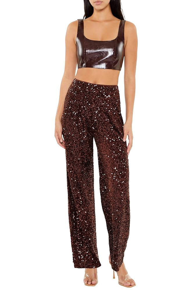 Forever 21 Women's Sequin Velvet High-Rise Pants, Brown | Amazon (US)