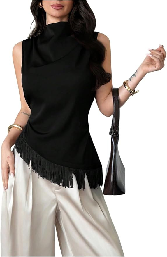 SHENHE Women's Elegant Satin Mock Neck Tank Top Asymmetrical Fringe Business Casual Blouse | Amazon (US)