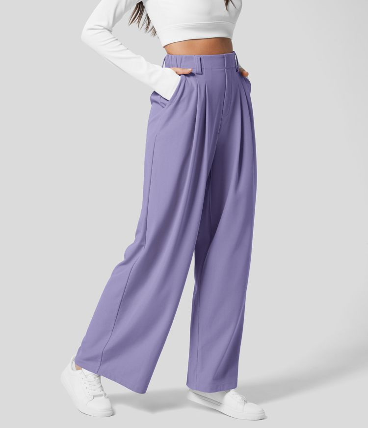 High Waisted Plicated Side Pocket Wide Leg Waffle Work Pants | HALARA