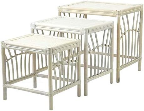 Natural Rattan Wicker Handmade Set of 3-pc Jack End Coffee Nesting Tables, White Wash | Amazon (US)