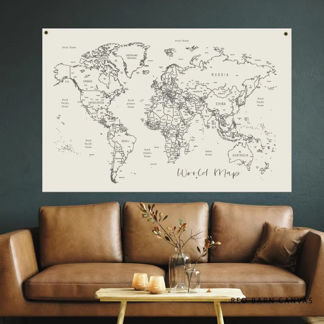Black and White World Map Canvas Tapestry: Travel Decor Wall Hanging | Etsy (US)