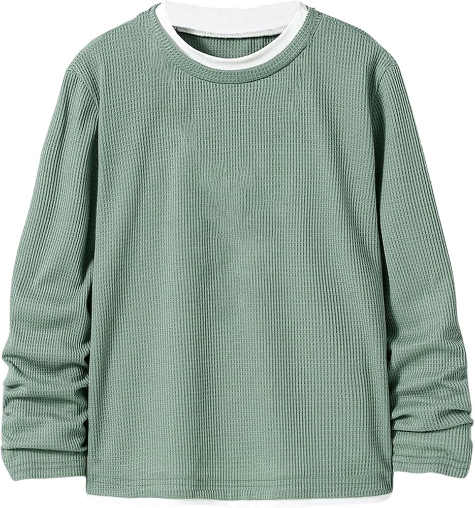 Boy's Waffle Knit Long Sleeve Crewneck T-Shirt Color Block Trim Fake Two-Piece Tee Spring Fall Ca... | Amazon (US)