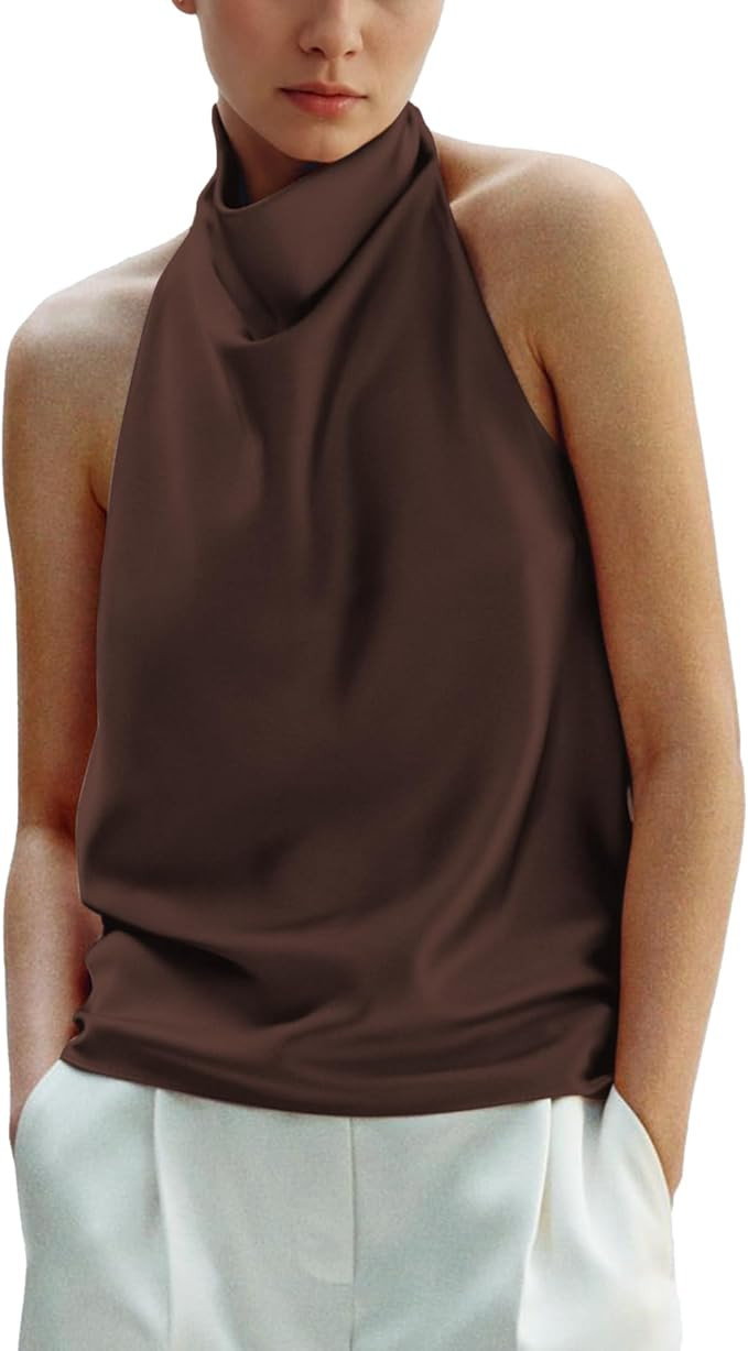Women's Silk Satin Tank Tops Halter Draped Front Sexy Backless Womens Summer Tops Elegant Camisol... | Amazon (US)