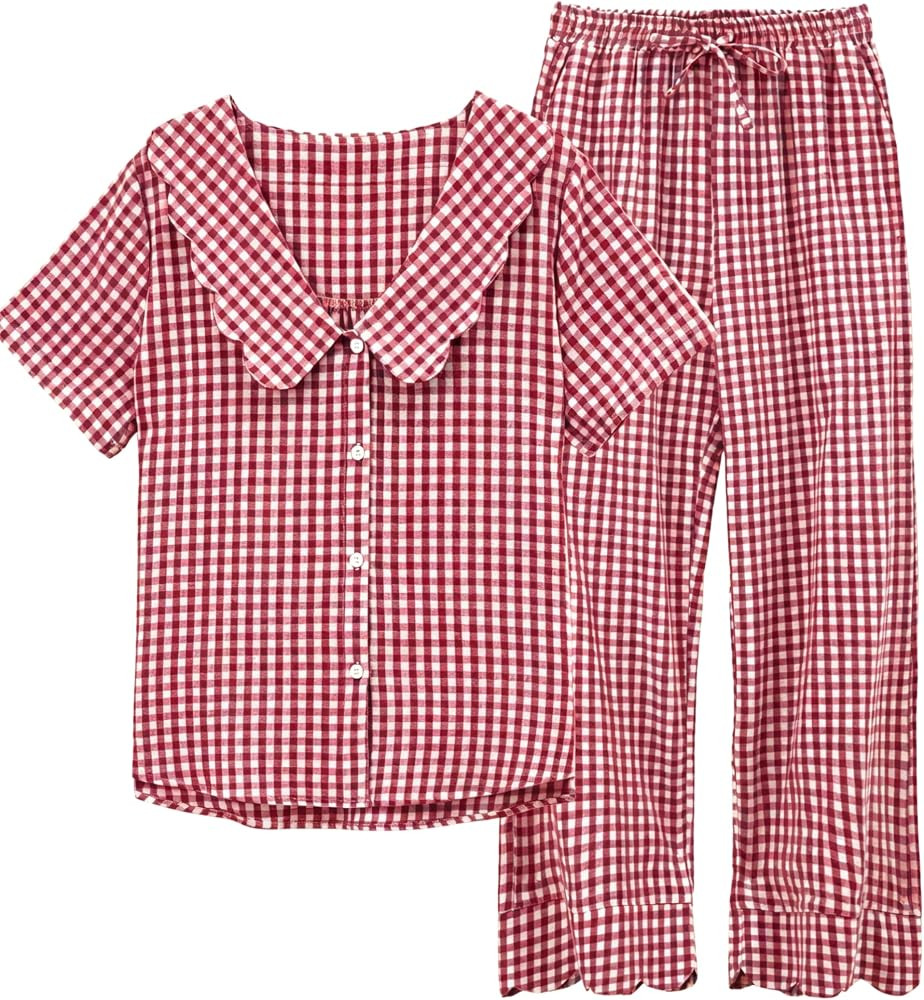 Tanming Womens Gingham 2 Piece Pajamas Sets Puff Sleeve Babydoll Shirt Ruffle Pants Pj Lounge Set... | Amazon (US)