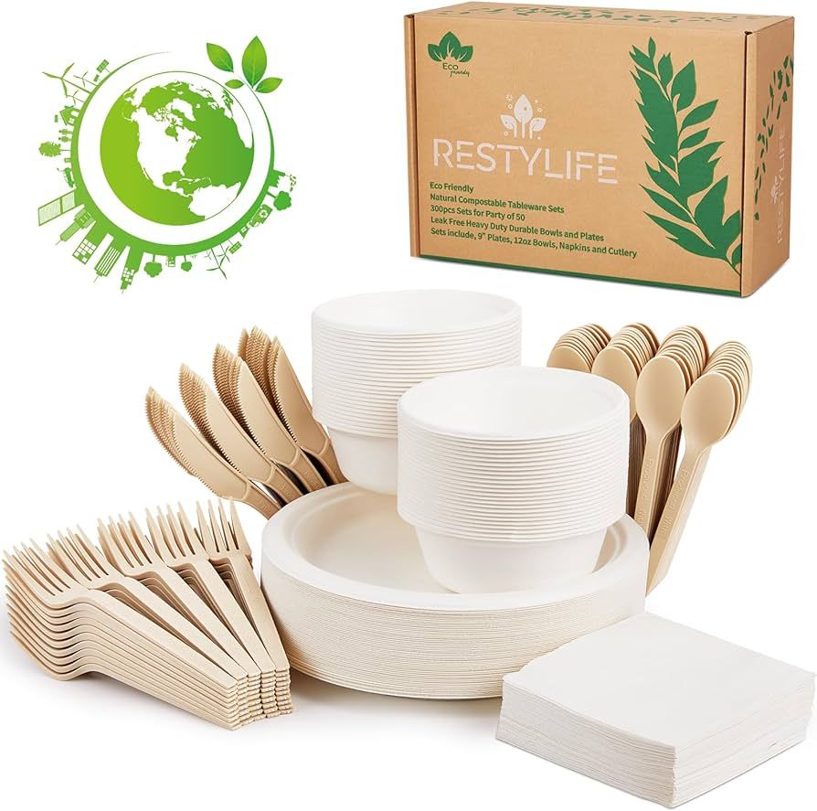 RESTYLIFE 300pcs Compostable Paper Plates Set - Heavy-Duty Biodegradable Plates, Bowls & Cutlery ... | Amazon (US)