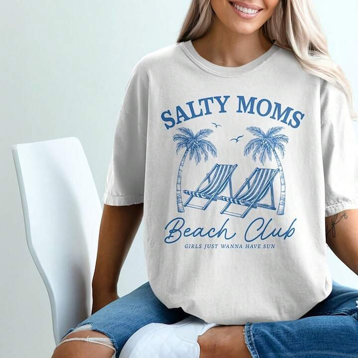 Salty Moms Beach Club T-Shirts, Funny Moms T Shirts, Beach Theme T Shirts, Summer Vacation Shirts, Girls Just Wanna Have Sun Shirts220G Cotton For All-Day Comfort – Great For Beach Days, Hiking, Casual Meetings, Or Airport Looks – Easy To Dress Up Or Down – Makes A Unique And Practical Gift For , Travelers, And Busy Professionalsclothes Wo Vintage | SHEIN