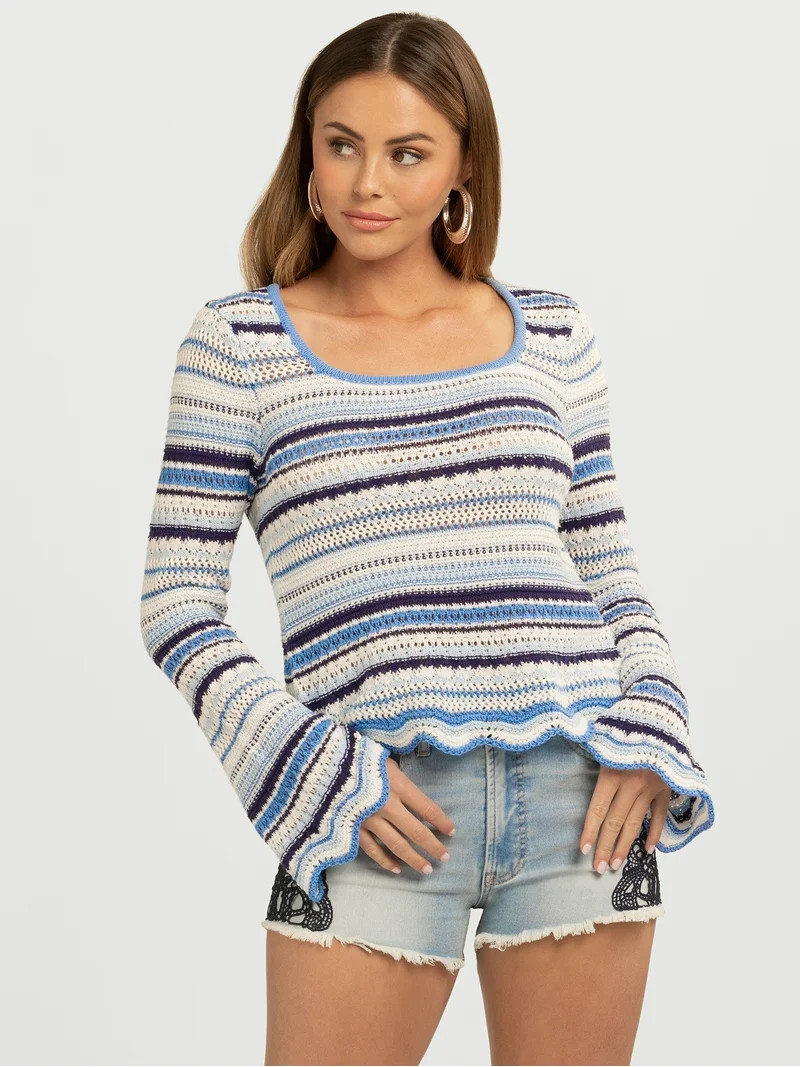 Jessica Simpson Women's Lilianna Cotton Pointelle Sweater with Long Sleeves, Lightweight, Sizes X... | Walmart (US)