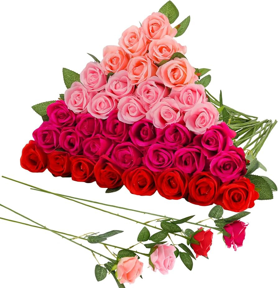 36 Pcs Mixed Pink Red Artificial Roses with Long Stems, Fake Silk Rose Artificial Flowers Bulk fo... | Amazon (US)