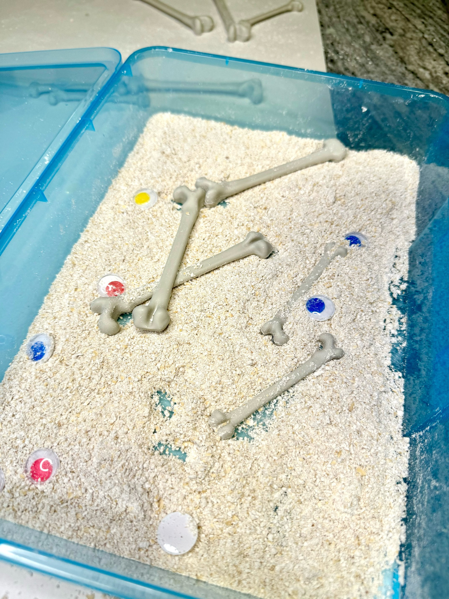 Halloween Sensory Activity!
I found these items at Dollar Tree, but I have linked similar items below! 

Perfect for toddler and kindergarten pre writing skills. Letter identification, letter formations, shapes, and counting with tally marks. These bones make the perfect themed hands on sensory activity! 