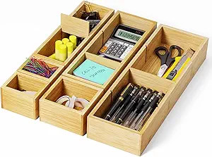 6PCS Desk Drawer Organizer Tray with 12 Compartments – Bamboo Office Storage Boxes Set for Junk... | Amazon (US)