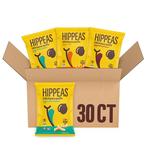 Hippeas Chickpea Puffs, Variety Pack: Vegan White Cheddar, Nacho Vibes, Barbecue, 0.8 Ounce (Pack of 30), 3g Protein, 2g Fiber, Vegan, Gluten-Free, Crunchy, Plant Protein Snacks | Amazon (US)