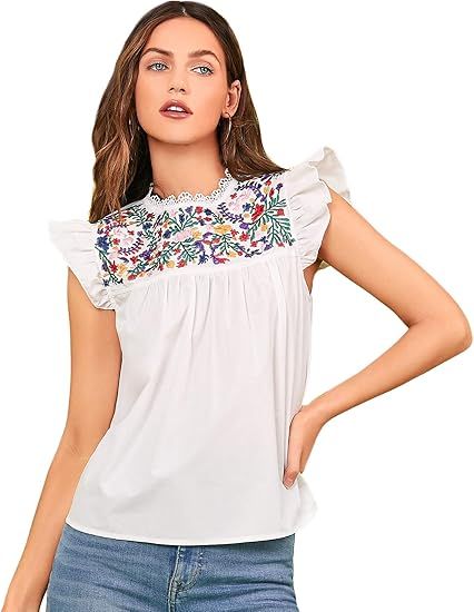 Floerns Women's Ruffle Sleeve Mexican Peasant Embroidered Babydoll Tops Blouses | Amazon (US)