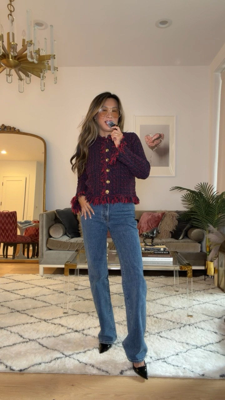 Zara structured frayed cardigan in Red/Navy, best fall fits. Cardigan size small, Khaite jeans Danielle straight leg size 27