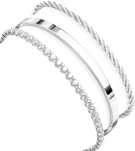 Poxtex Silver Cuff Bracelets Set for Women - 3 Pcs Stackable Open Bangles, Cubic Zirconia Tennis, Stardust & Thin Polished Band, Non Tarnish Stainless Steel Jewelry Gifts | Amazon (US)