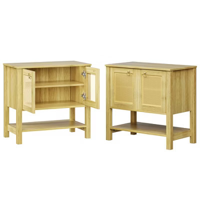 Set of 2 Rattan Nightstand with 2 Doors and Storage Shelf, Boho Bedside Narrow Side Table for Bedroom in Carbon Cherry | Target