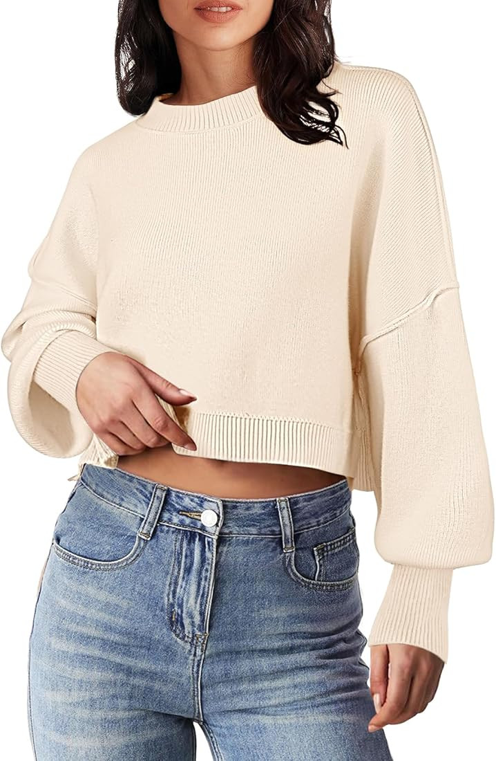 MEROKEETY Women's 2024 Crewneck Cropped Sweater Fall Batwing Sleeve Oversized Side Slit Ribbed Kn... | Amazon (US)