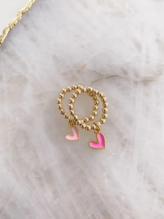 14k Gold Filled Beaded Ring  Pink Heart Pendant  Stretchy | Etsy | Etsy (US)