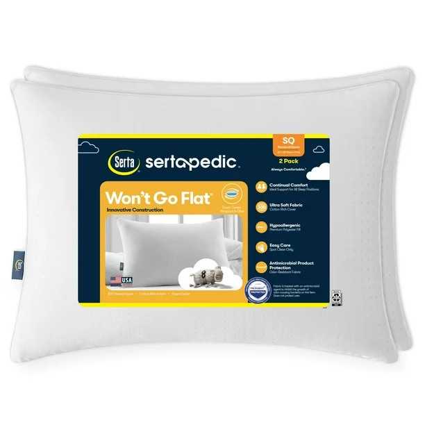 Sertapedic Won't Go Flat Bed Pillow, Standard/Queen, 2 Pack | Walmart (US)