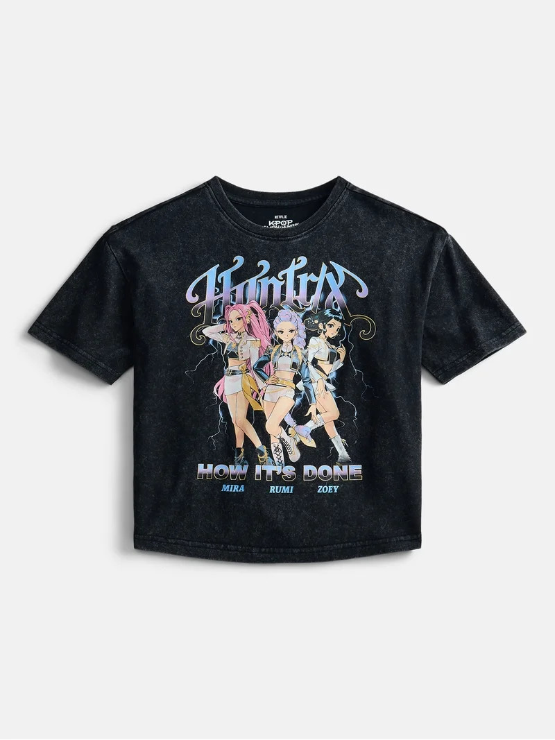 K Pop Demon Hunters Girl\u2019s Boxy Mineral Washed Halloween Crewneck Tee with Short Sleeves, Si... | Walmart (US)