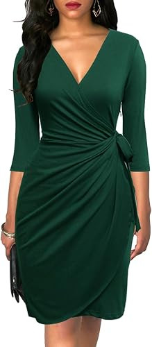 Berydress Women's Classic 3/4 Sleeve V Neck Sheath Casual Party Work Faux Black Wrap Dress | Amazon (US)