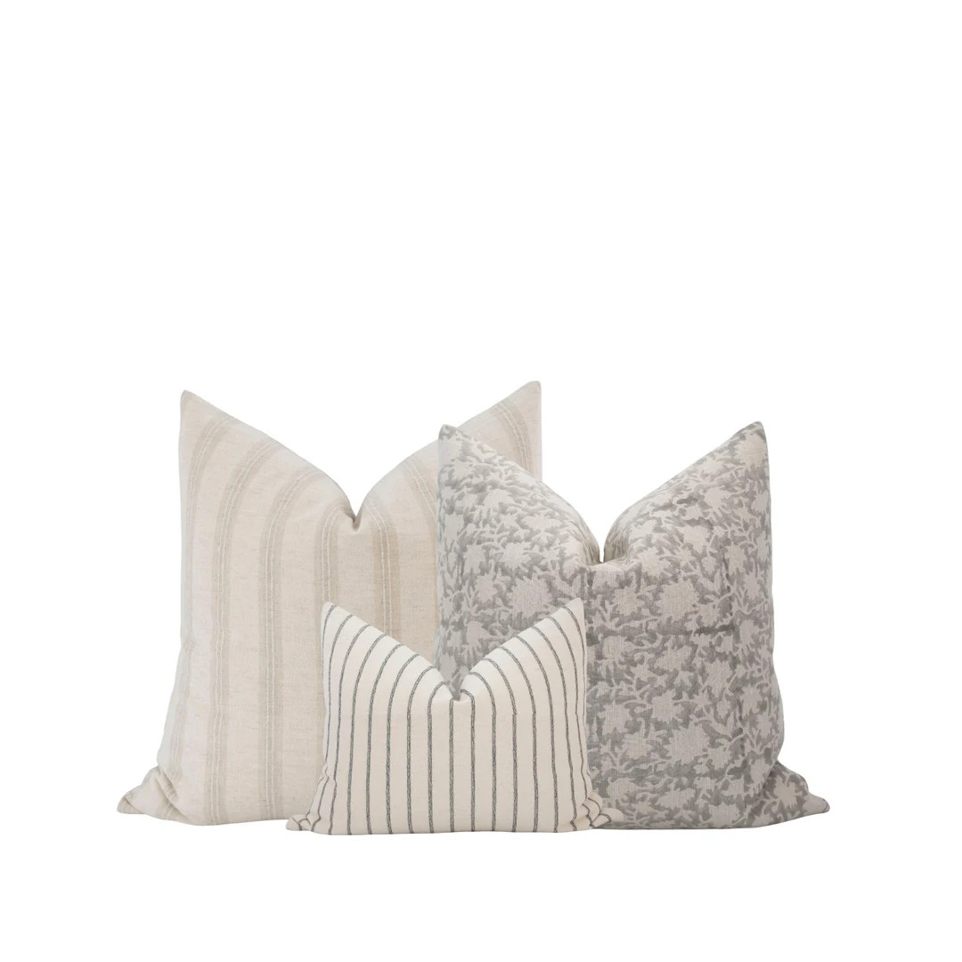 Neutral Gray Pillow Cover Combo Light Gray Pillow Set Block Print Pillow Farmhouse Pillow Set Bei... | Etsy (US)