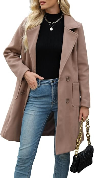 Women Winter Wool Blend Camel Mid-Long Coat Notch Double-Breasted Lapel Jacket Outwear | Amazon (US)